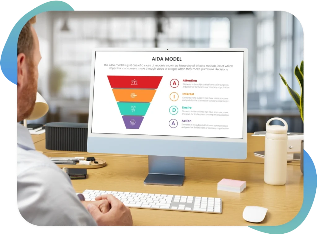 Sales funnel design with visual representation of leads turning into customers.