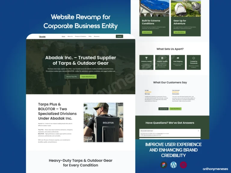 Portfolio showcase of the website revamp for Abadak Inc., a corporate business entity managing Tarps Plus & Bolotor, emphasizing improved user experience and brand credibility.